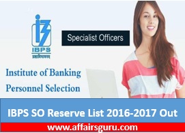 IBPS SO Reserve List 2016-2017 Out