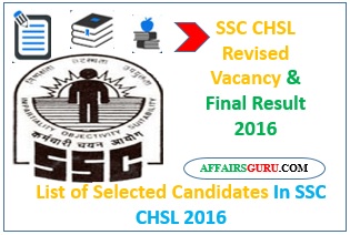 SSC CHSL Revised Vacancy & Final Result 2016