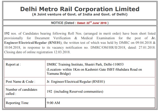 Delhi Metro Railway Corporation JE Document Verification (DV) Reporting