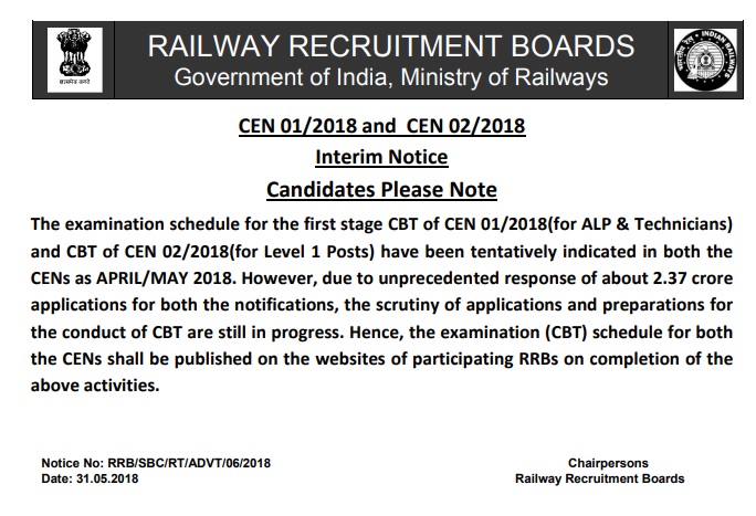 Railway Exams Postponed 2018 - Official Notification