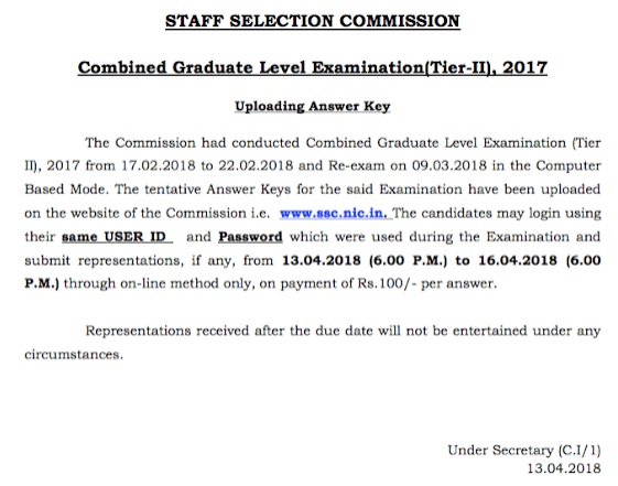 SSC CGL Tier-2 Answer Key Official Notification Screenshot