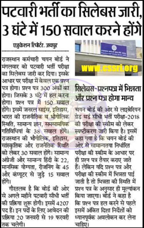 Rajasthan Patwari Bharti Exam Pattern News